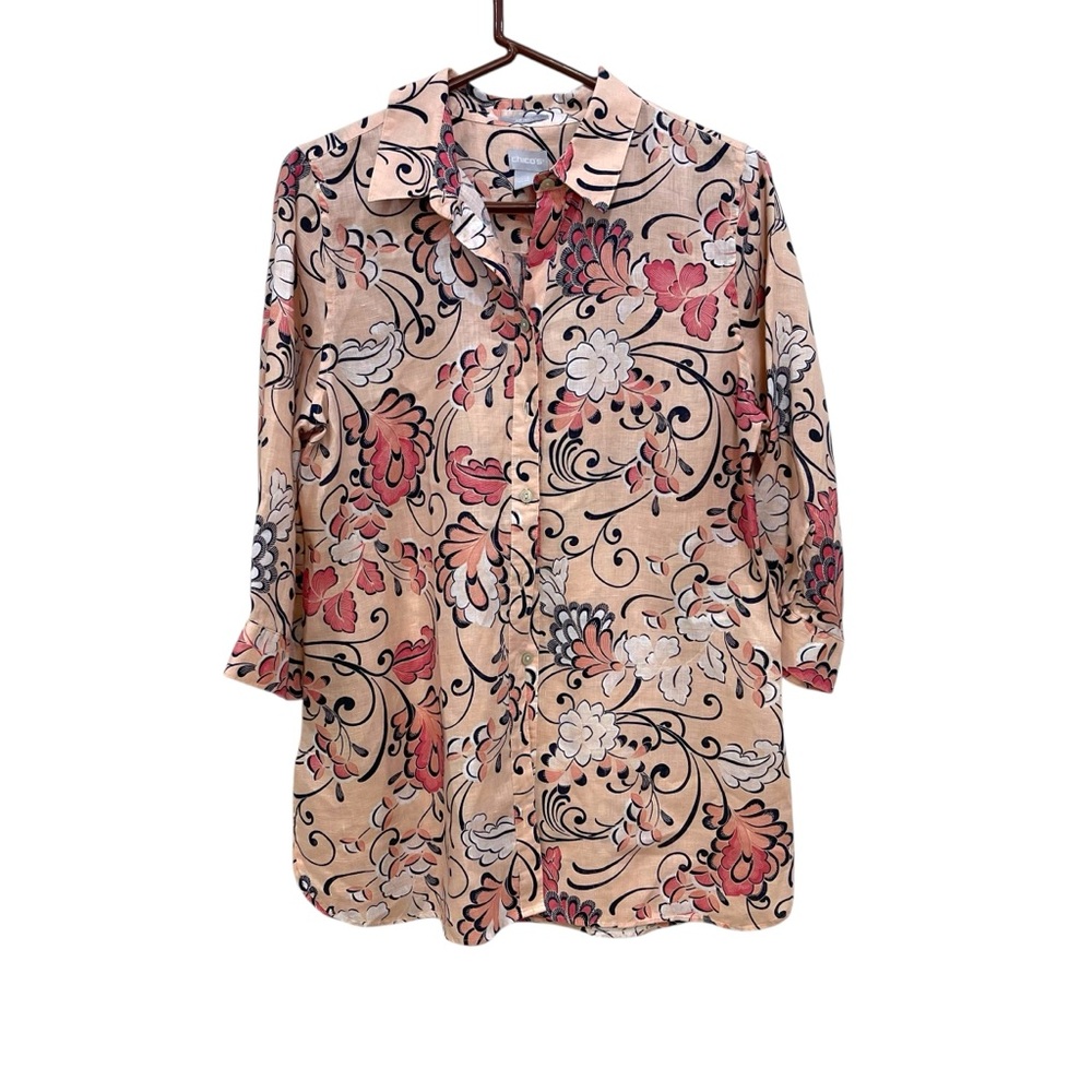 Chicos Paisley Print 100% Linen Button Front Shirt Pink Summer Womens M/8